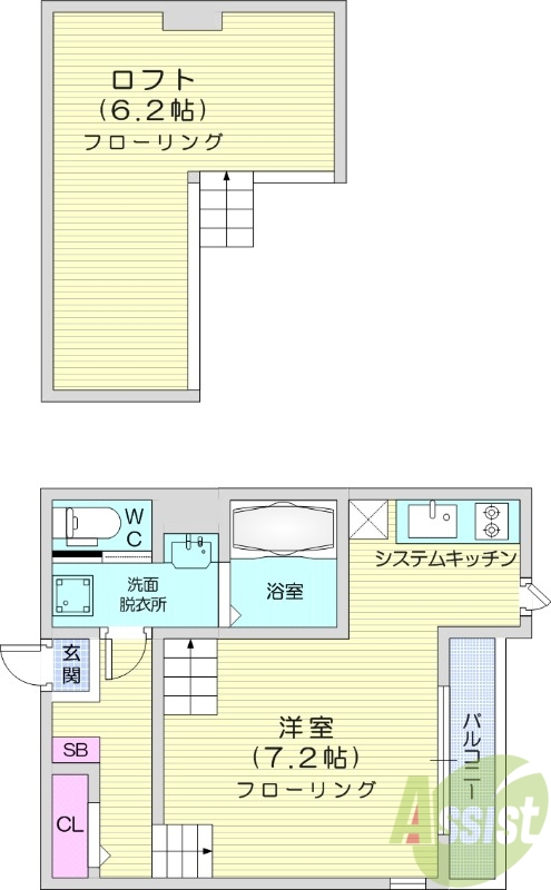 1K、ロフト、浴室乾燥機、ネット使用料、バルコニー。