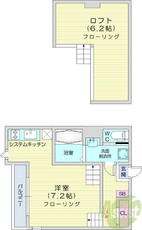 1K、ロフト、浴室乾燥機、ネット使用料、バルコニー。
