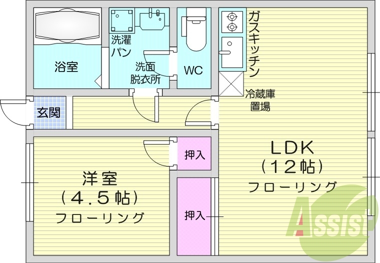 1LDK、バストイレ別、二人入居可、子供可、フローリング