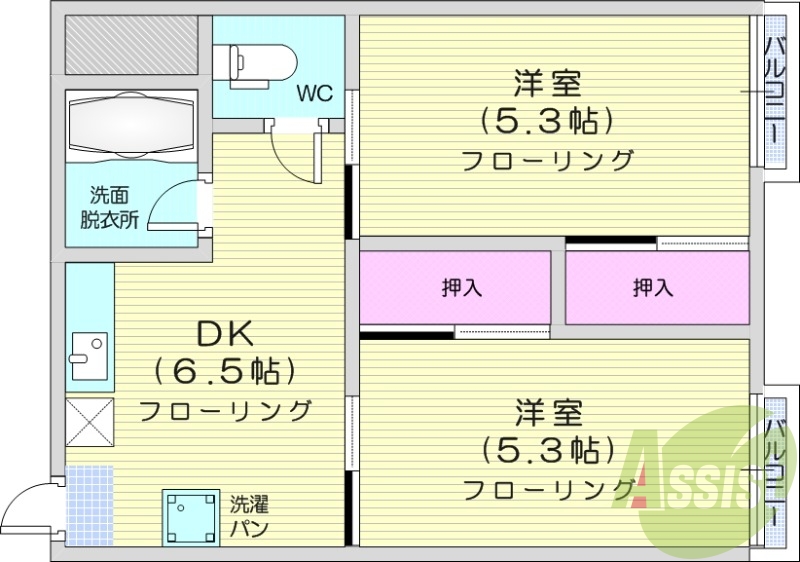 2DK、角部屋、CATVネット無料、敷金・礼金無料