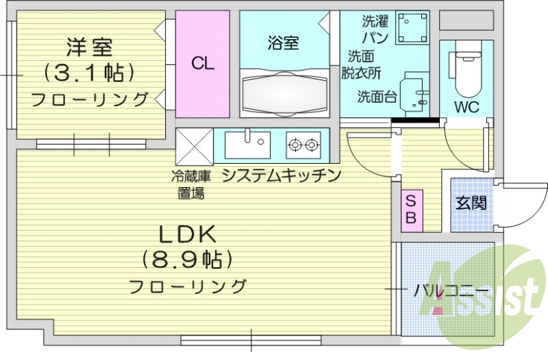 1LDK、ネット無料、浴室乾燥、独立洗面台、オートロック