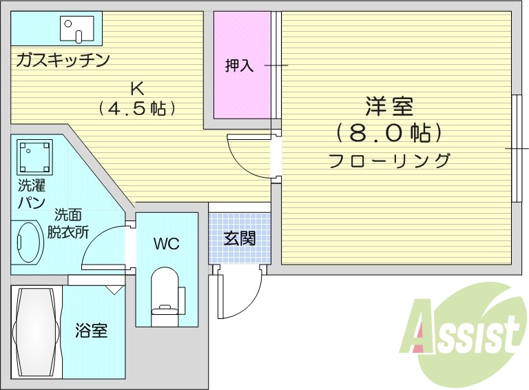 1K、独立洗面、インターネット無料、都市ガス