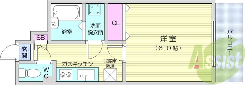 1K、エアコン、フローリング、室内洗濯機置場