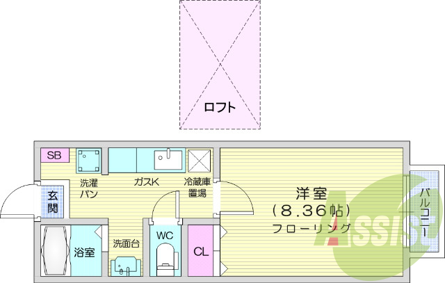 1K、ロフト付き、ネット無料、ペアガラス、敷地内駐車場、給湯