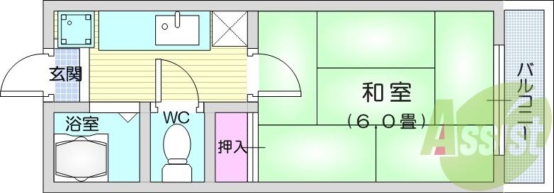 1Ｋ、和室6帖、バストイレ別、エアコン付き