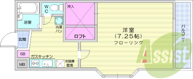 1K、エアコン、カメラ付きインターホン、ロフト