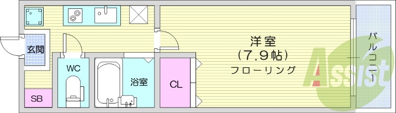 1K、フローリング、エアコン、クローゼット