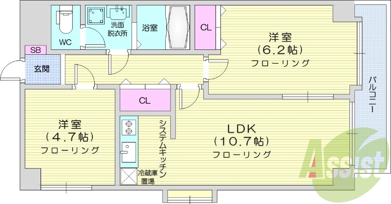2LDK、モニター付きオートロック、エレベータ付