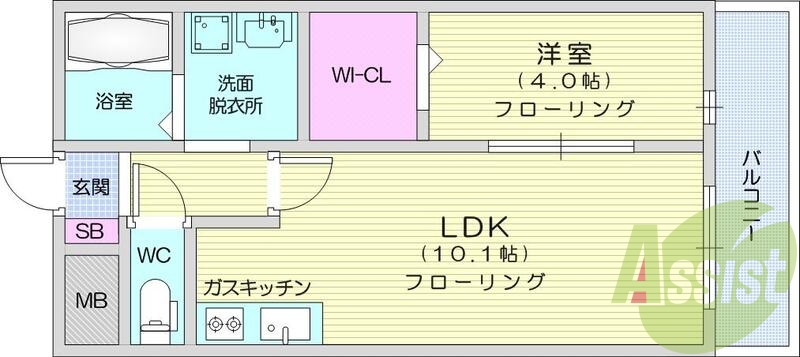 1LDK、ウォークインクローゼット、バス・トイレ別、エアコン