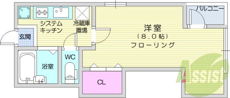 1K、エアコン、システムキッチン、バストイレ別