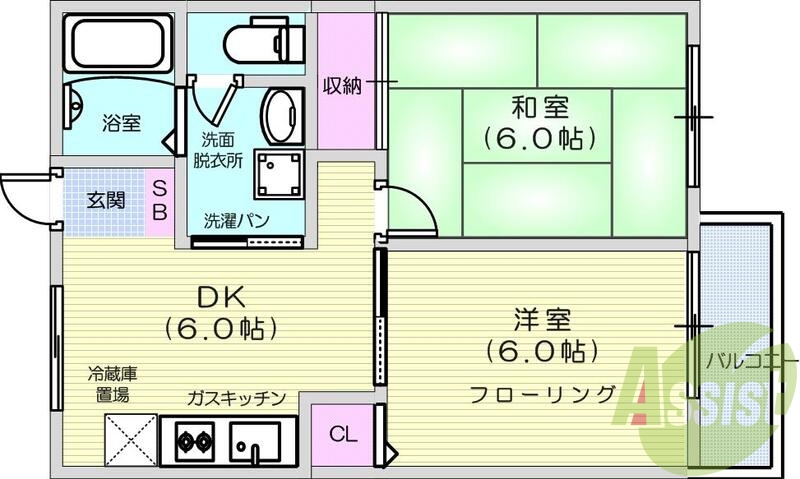 2DK、南向き、バス・トイレ別、エアコン、バルコニー