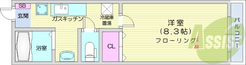 1K、エアコン、バストイレ別、室内洗濯機置き場