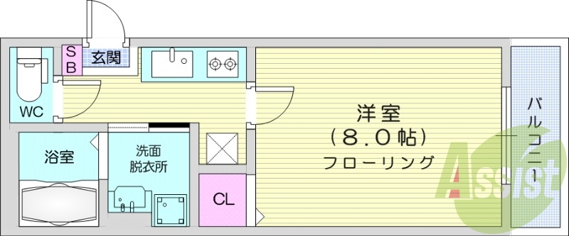 1K、エアコン、室内洗濯機置場、トイレ浴室別、クロ―ゼット