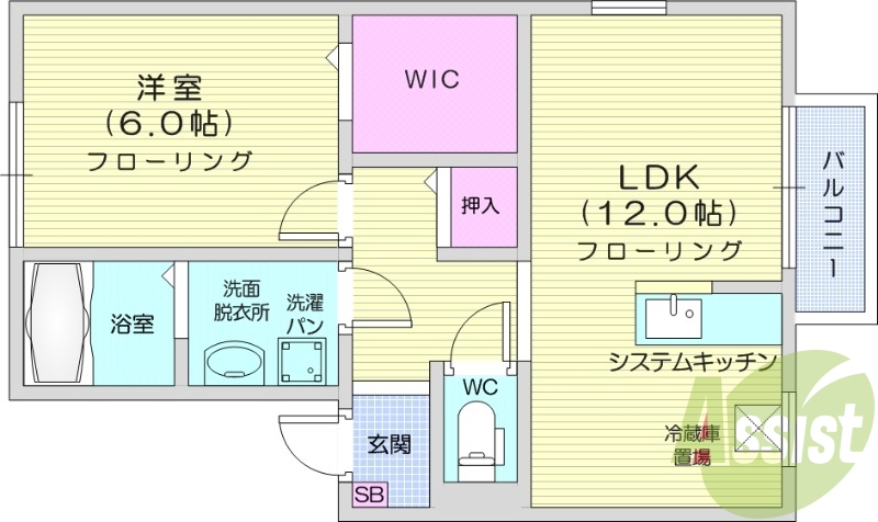 1LDK、ウォークインクローゼット、追い焚き機能付き