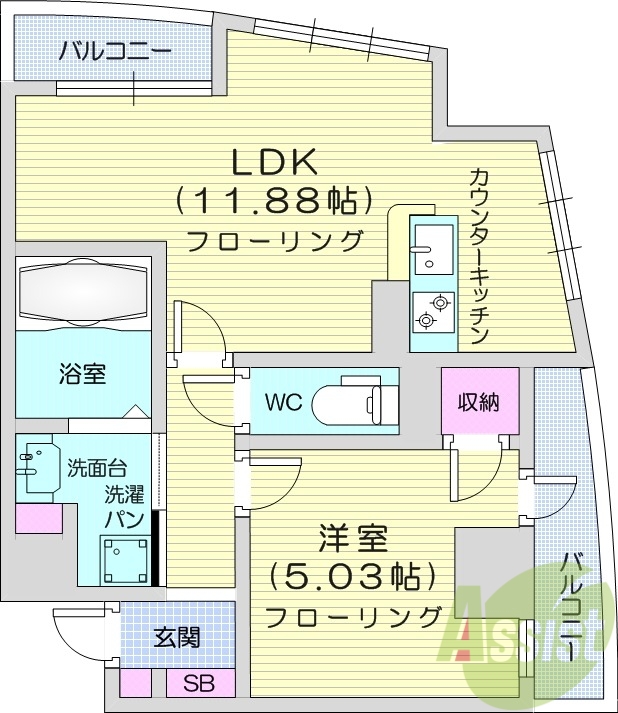 １LDK、オートロック、角部屋、バルコニー。