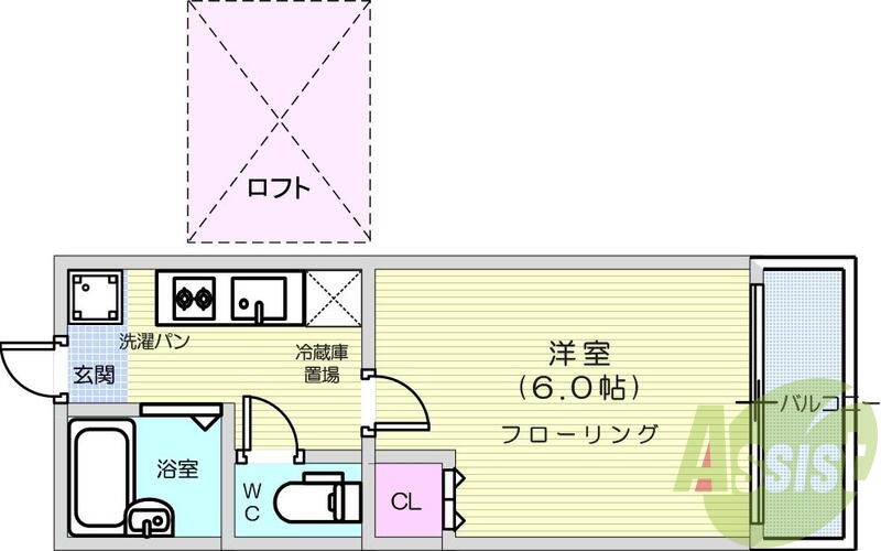 1K、エアコン、室内洗濯機置場、トイレ浴室別、クローゼット。