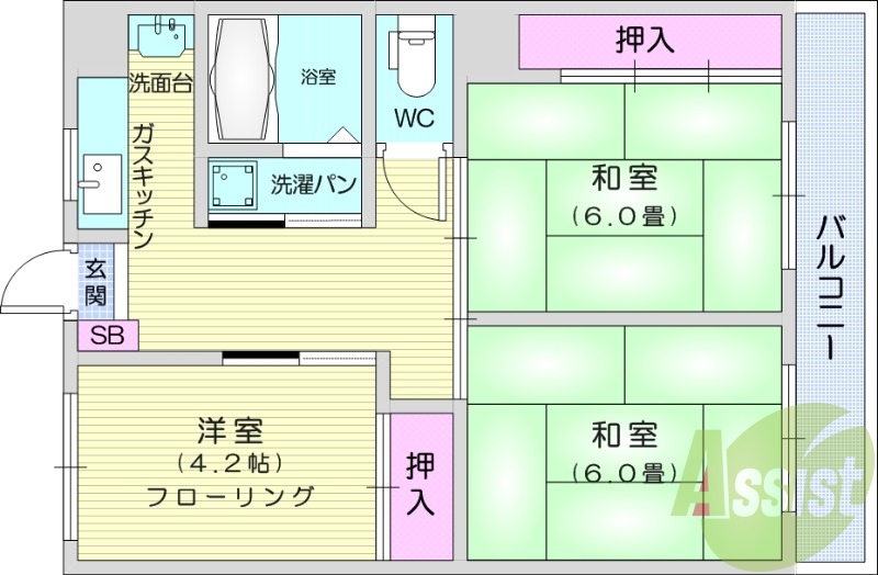 3K、和室、追い焚き、東向き、エアコン、フローリング、給湯