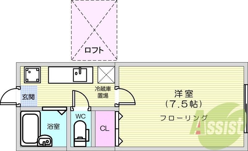 1K、南向き、バス・トイレ別、エアコン、