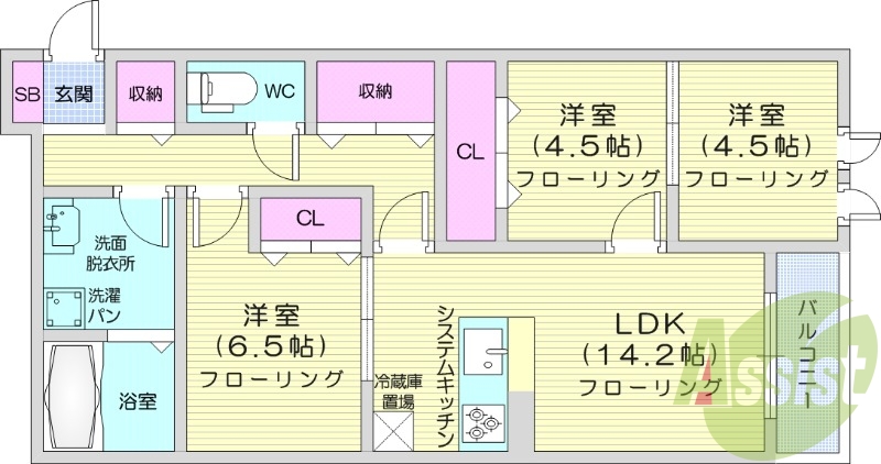 3LDK、モニター付きインターホン、バストイレ別