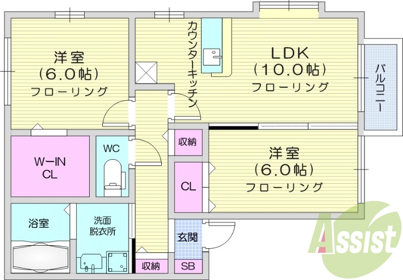 2LDK、独立洗面化粧台、バルコニー、追い炊き機能