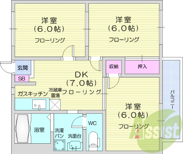 ※反転タイプ。3DK、エアコン、バストイレ別、独立洗面