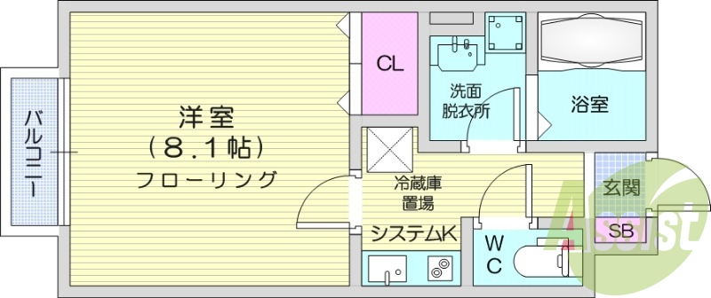 1K、室内物干し、追炊き機能、IH、独立洗面台、ネット無料