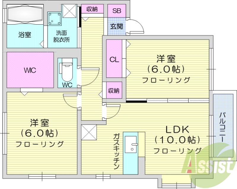 2LDK、追い焚き給湯、バストイレ別、南向き、ネット無料