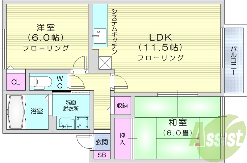 2LDK、和室、バルコニー、追い焚き給湯、物置付き