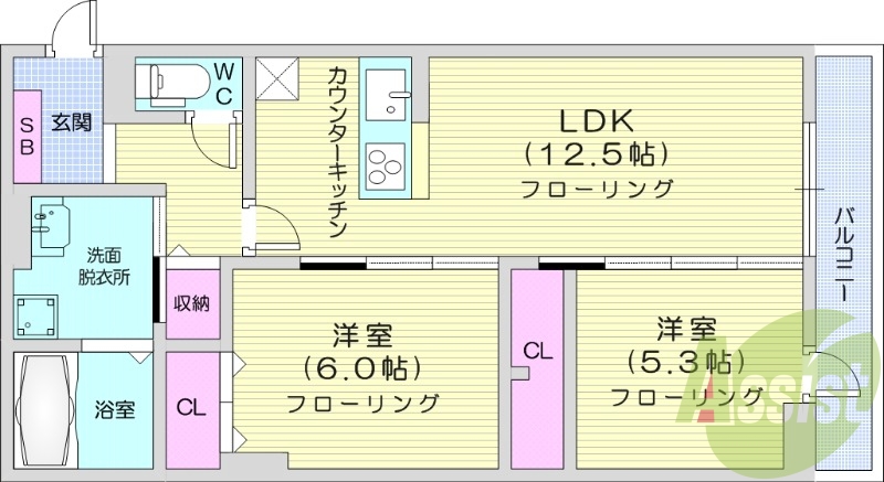2LDK、南向き、バルコニー、システムキッチン、浴室乾燥機