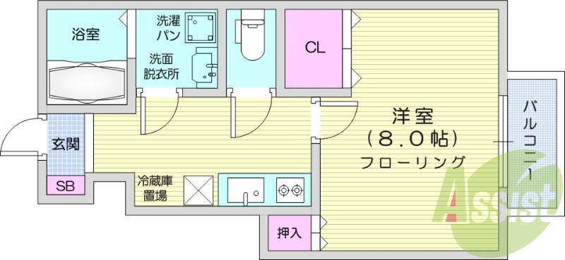 1K、浴室乾燥付き、追い焚き機能付き、2口コンロ