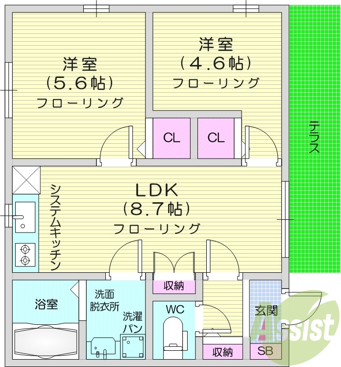 2LDK、戸建て、追炊き、エアコン2台、独立洗面台、テラス
