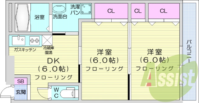 2DK、BT別、南向き、温水洗浄便座、都市ガス
