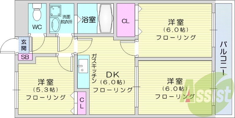 3DK、南向き、TVインターホン、追い焚き
