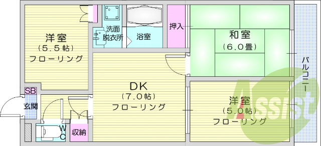3DK、和室、バルコニー、バストイレ別、シューズボックス