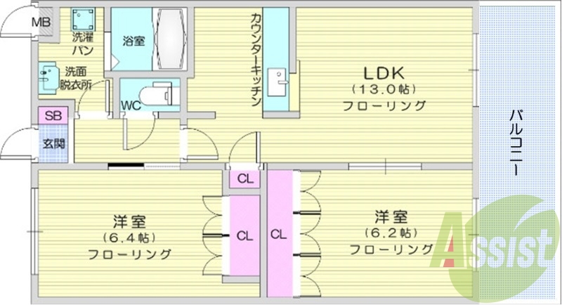 2LDK、カウンターキッチン、バストイレ別、浴室乾燥機
