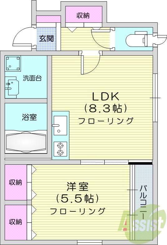 1LDK、インターネット使用料無料、独立洗面所