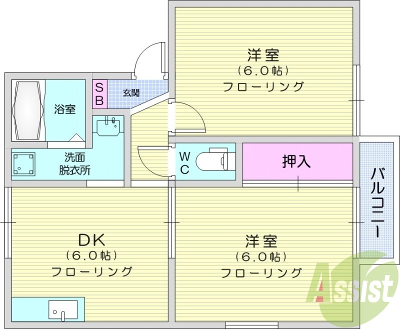 2DK、エアコン、追い焚き機能、モニタ付インターホン。
