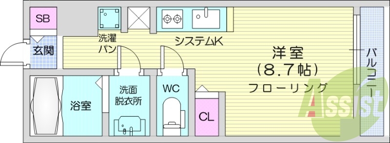 1R、室内洗濯機置場、温水洗浄便座、バストイレ別