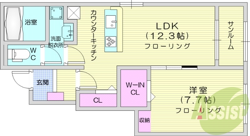 1LDK、サンルーム、ウォークインクローゼット