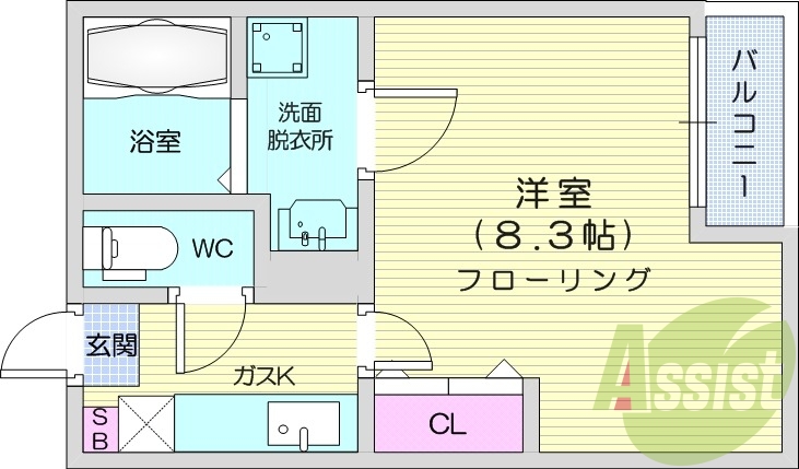 １K、バス・トイレ別、洗髪化粧台、専用ゴミ置き場、エアコン