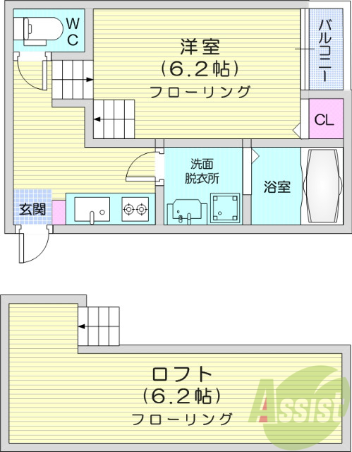 1K、エアコン、バストイレ別、独立洗面、ロフト