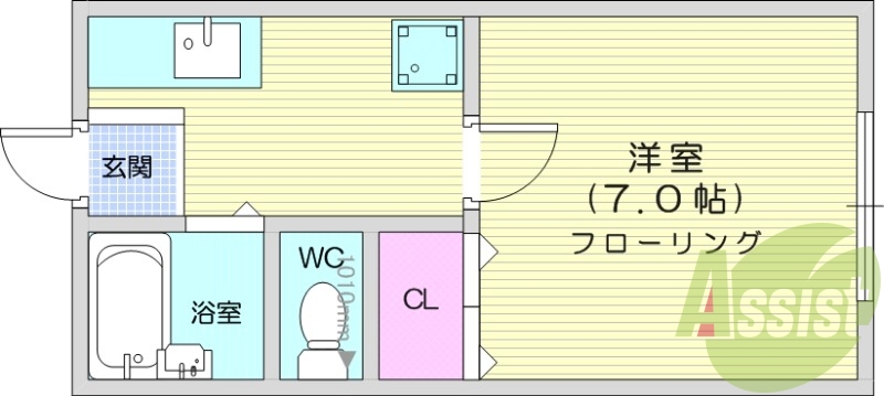 1K、バス・トイレ別、エアコン、都市ガス