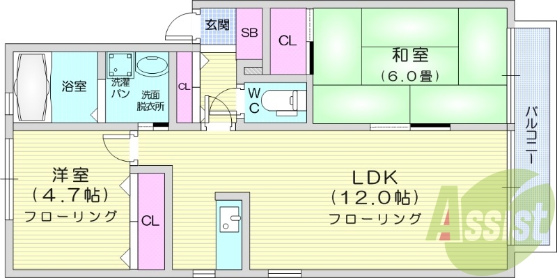 2DK、バストイレ別、温水洗浄便座付き、室内洗濯置場