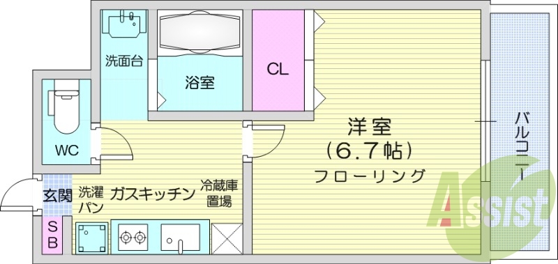 1K、エアコン、バストイレ別、システムキッチン、洗面台