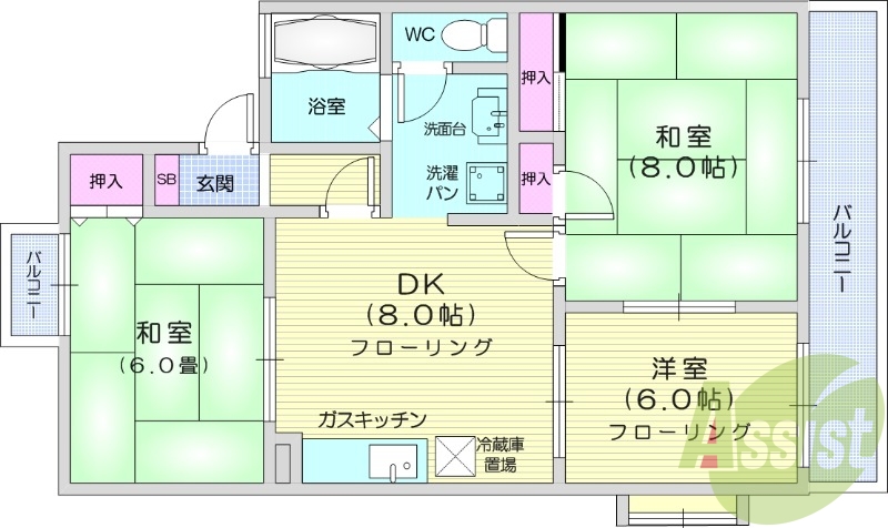 3DK、バルコニー、独立洗面台、室内乾燥機付き