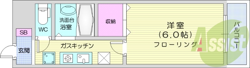 1K、都市ガス、バストイレ別、温水洗浄便座