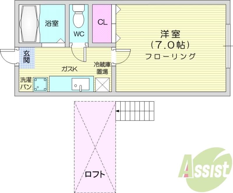 １K、ロフト、モニターインターホン、室内物干し