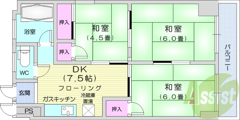 3DK、バルコニー、和室、ガスキッチン、バストイレ別