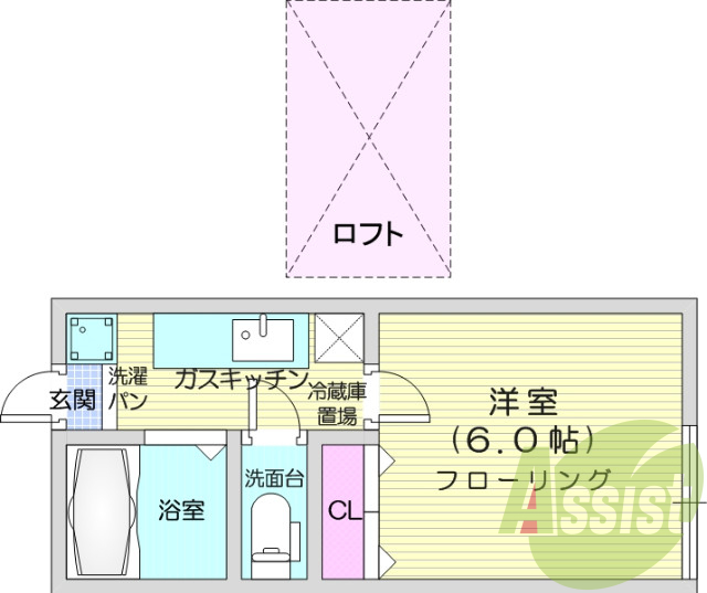 １K、ロフト付き、バス・トイレ別・インターネット無料