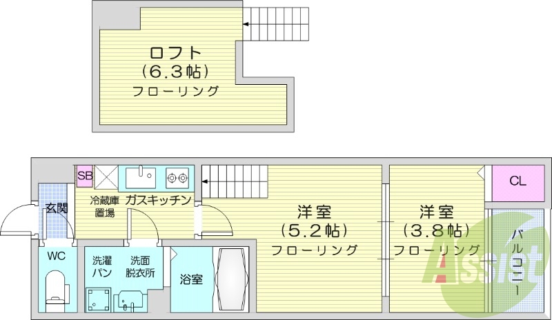 2K、浴室乾燥付き、追い焚き機能付き、ロフト付き